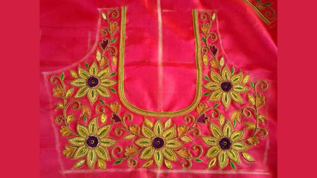 Aari Embroidery with Hand Embroidery Embossed Zardosi Work